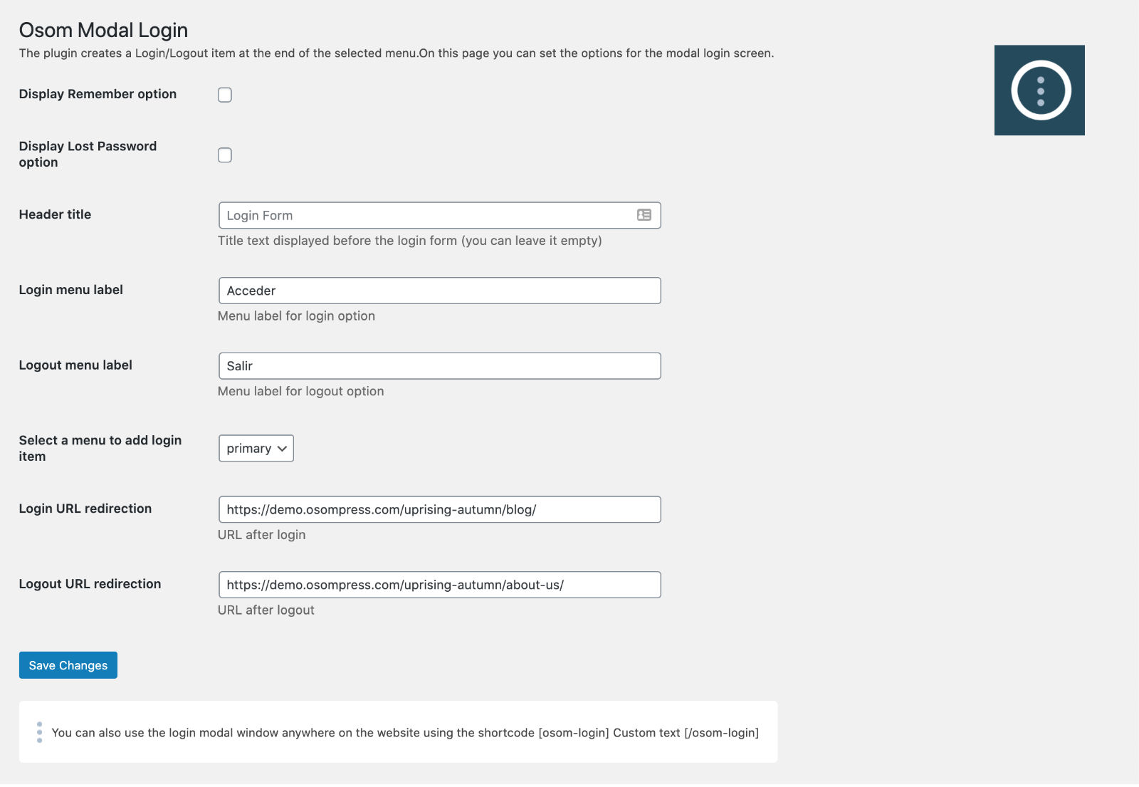 Osom Modal Login Settings Page