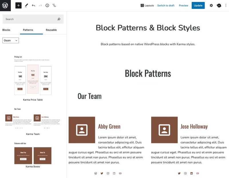 Block Patterns Karma Theme page