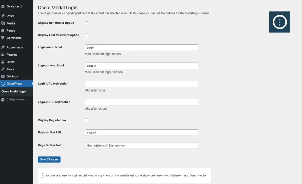 Osom Modal Login Setup Tools In WordPress Block Theme