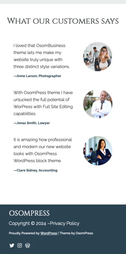 Osom Business WordPress Block Theme Default Minimalistic Copyright Footer Mobile