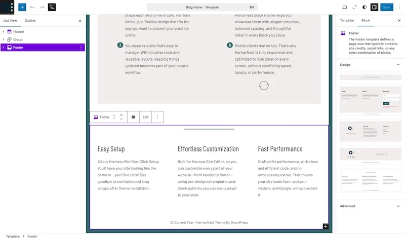 Karma next change footer design